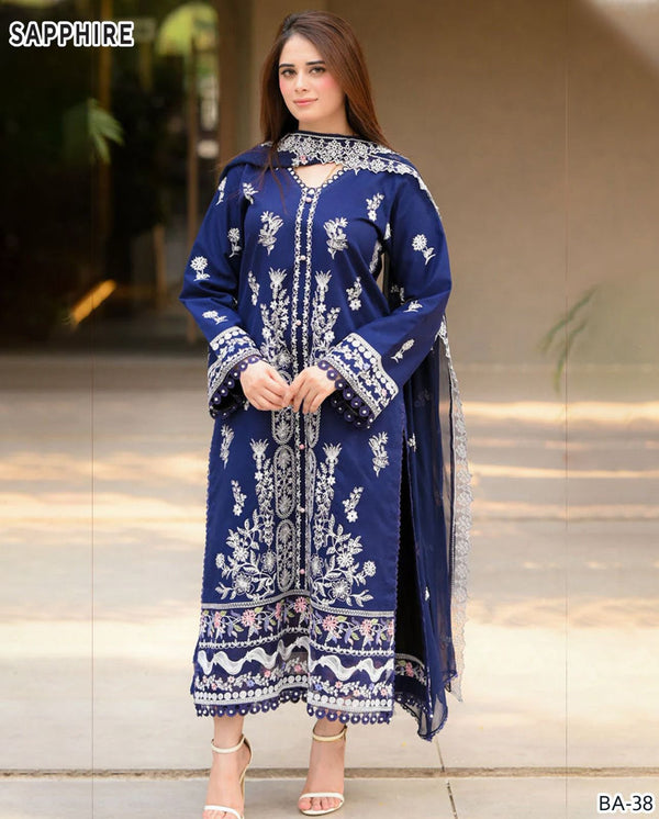 Dhanak Embroidered 3-Piece Suit with Matching Dhanak Embroidered Dupatta