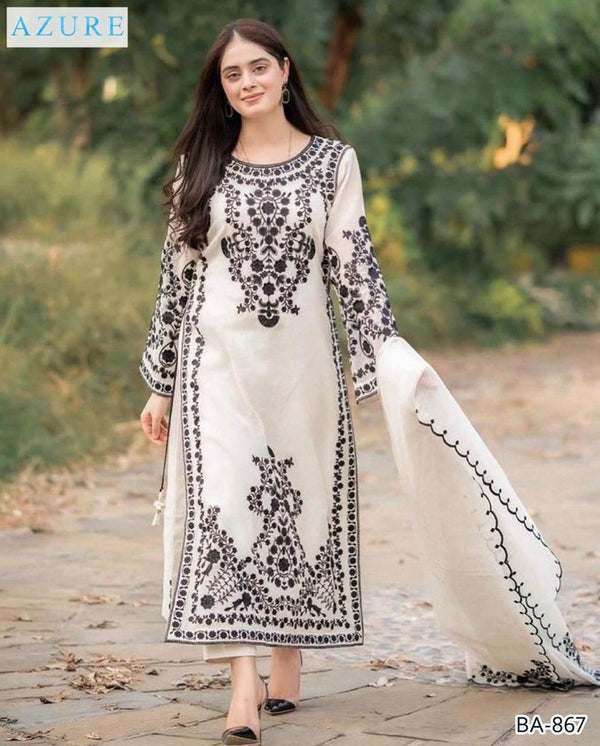 Dhanak Embroidered 3-Piece Suit with Matching Dhanak Embroidered Dupatta