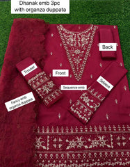 Dhanak Embroidered 3-Piece Suit with Organza Cutwork Dupatta
